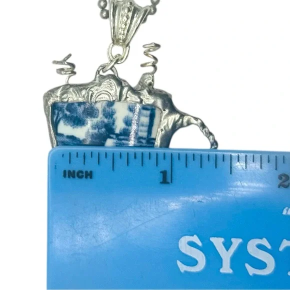 Blue Willow China Cappuccino Pendant With Artisan Silver Detailing & Ball Chain - Picture 10 of 15